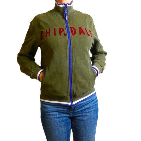 Disney Varsity Jacket Size S Chip & Dale Olive Green Embroidered Rare Hong Kong - Picture 2 of 13